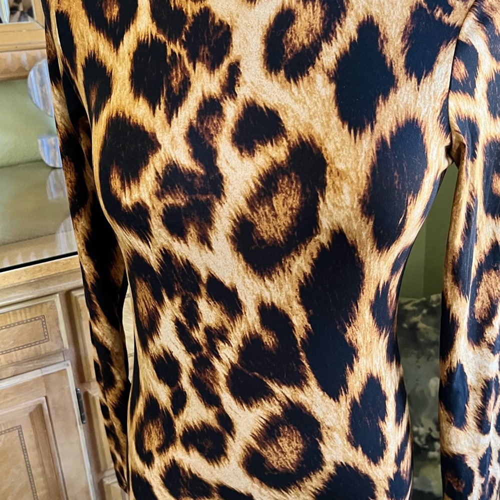 Olivia Rae Fitted Leopard Print Blouse Black Tan Long Sleeve